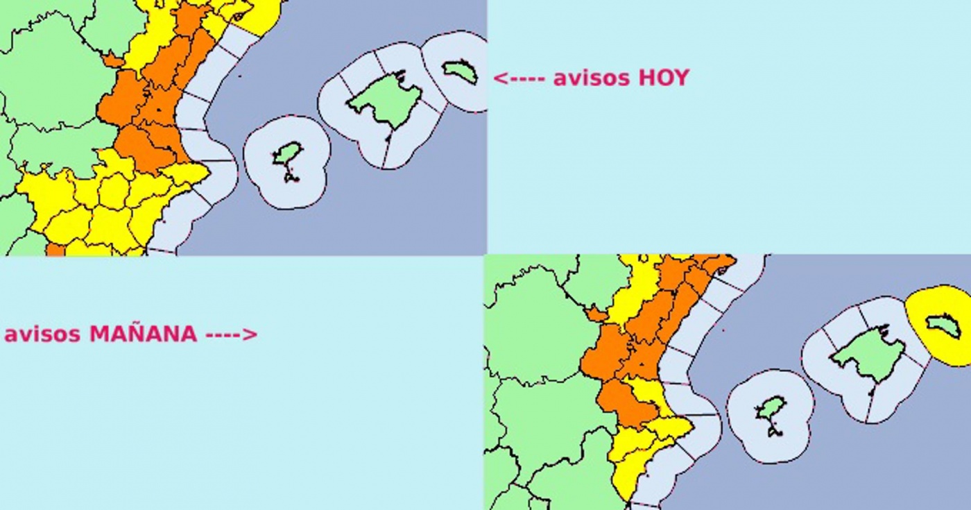 05/03/2025 07:15 (UTC +01:00) Cr&eacute;dito: EFE Fuente: EFE Tem&aacute;tica: Meteorolog&iacute;a &raquo; Pron&oacute;sticos Imagen de Aemet de avisos activos hoy y ma&ntilde;ana. EFE/Aemet