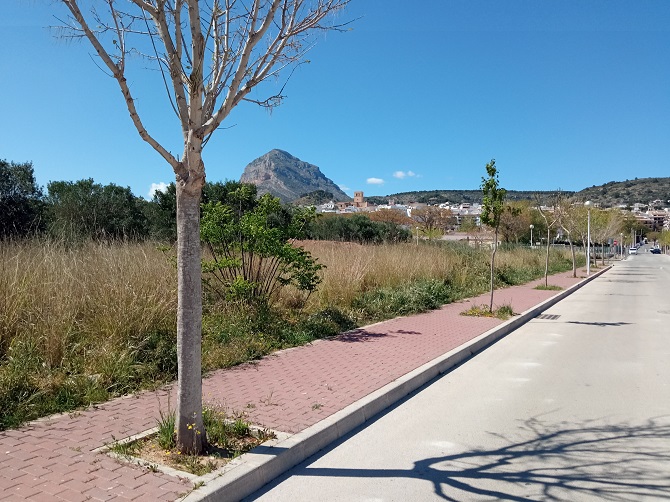 El sola de la zona del Pou del Moro donde irán las viviendas protegidas, junto al Colegio Trenc d'Alba y, al fondo, el Montgó
