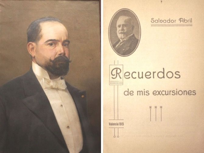 Salvador Abril. Autorretrato. 1901 (Colecci&oacute;n particular); Portada del relato Recuerdo de mis excursiones. Valencia, 1915. Colecci&oacute;n particular.