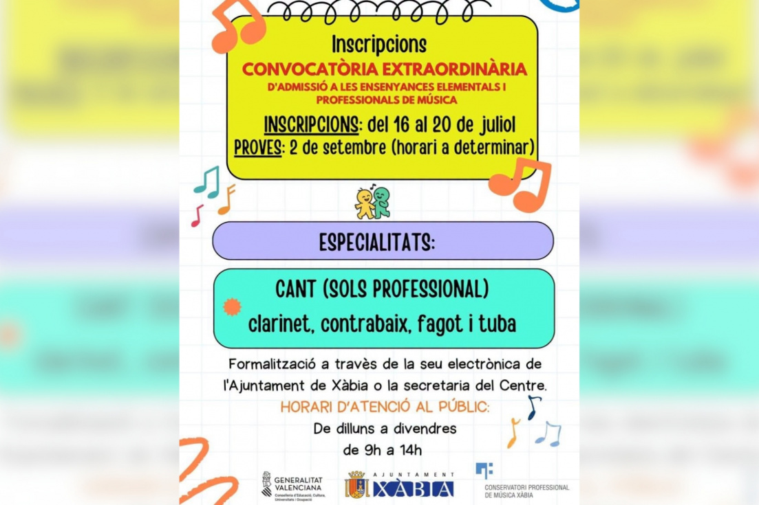 El Conservatorio de Xàbia abre una convocatoria extraordinaria para cubrir plazas en cinco especialidades