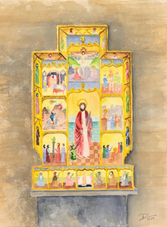 Acuarela con la interpretaci&oacute;n del primer retablo de San Bartolom&eacute; en X&agrave;bia (&copy;David Guti&eacute;rrez Pulido, 2024)