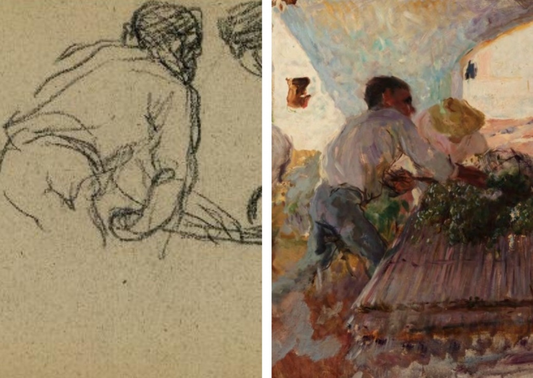 Joaquín Sorolla. Trabajando en el riurau, Jávea. 1900. Museo Sorolla, nº inv. 10059 (Detalle) y Elaboración de la pasa, Jávea. 1900. Colección particular (Detalle)