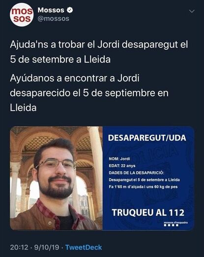Los Mossos d'Esquadra piden ayuda para localizar al hijo de un policía local de Xàbia desaparecido en Lleida