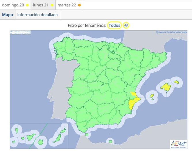 Activada la alerta amarilla por lluvias para el lunes 21