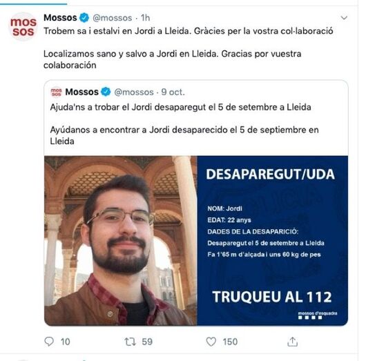 Encuentran sano y salvo al joven desaparecido en Lleida