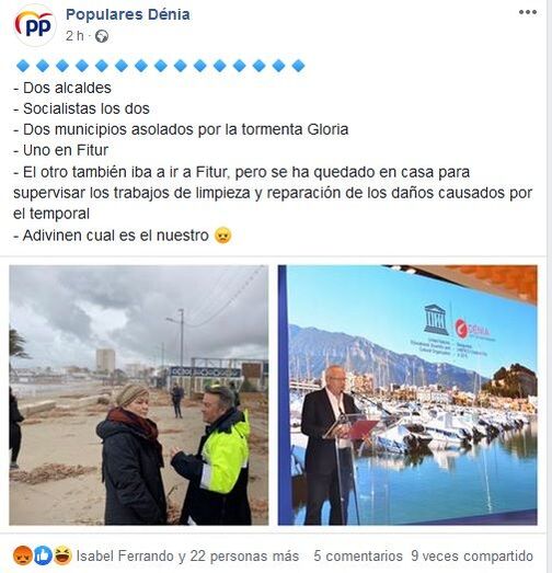 El PP de Dénia ensalza que Chulvi se quede en Xàbia, frente a Grimalt  que se ha ido a Fitur