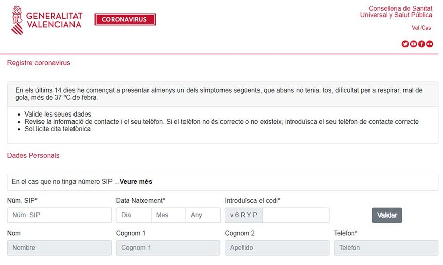 Sanitat habilita una web para que las personas con síntomas puedan pedir cita médica