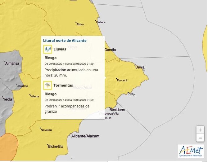 Aemet activa la alerta amarilla lluvias y tormentas para este sábado 