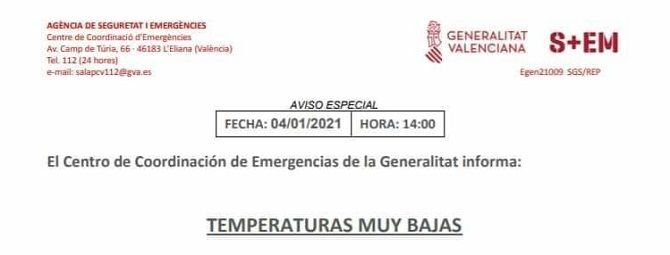 El Centro de Coordinación de Emergencias de la Generalitat activa un aviso especial por temperaturas muy bajas