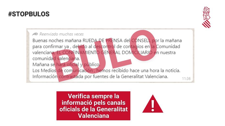 El Consell desmiente un bulo que señala un inminente confinamiento domiciliario en la Comunidad Valenciana