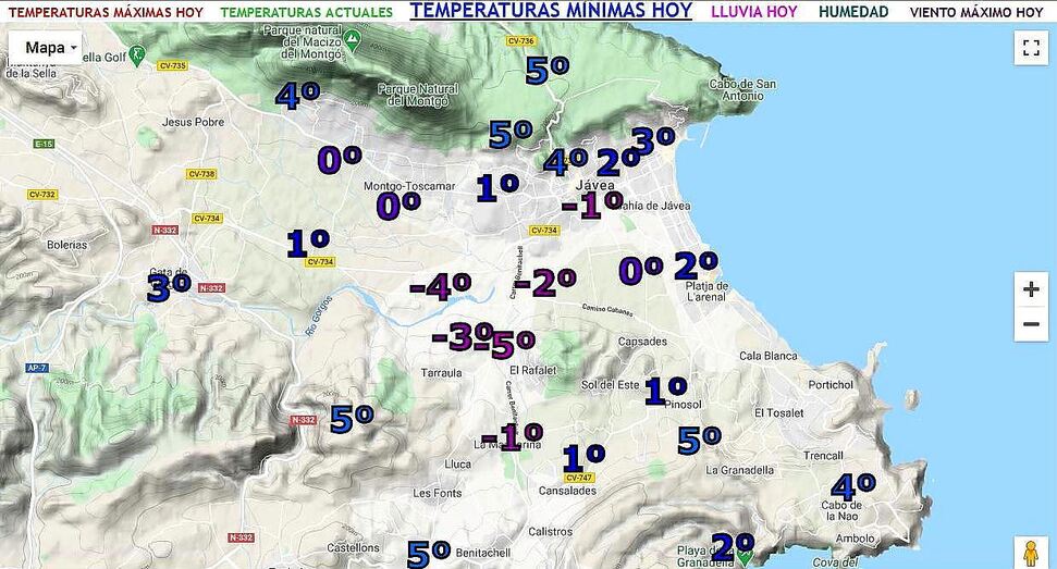El termómetro se congela en Xàbia, con una mínima de -4,7 grados esta noche en la zona de Lluca