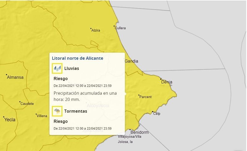 Aemet activa la alerta amarilla por fuertes lluvias en la Marina Alta