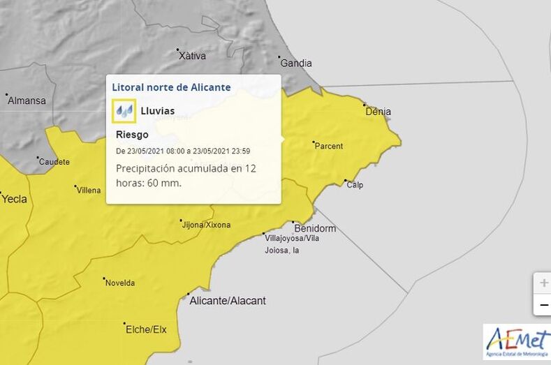 Aemet activa la alerta amarilla por fuertes lluvias en la Marina Alta
