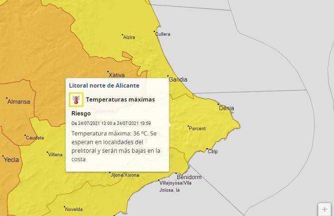 Aemet activa la alerta amarilla por altas temperaturas en la Marina Alta