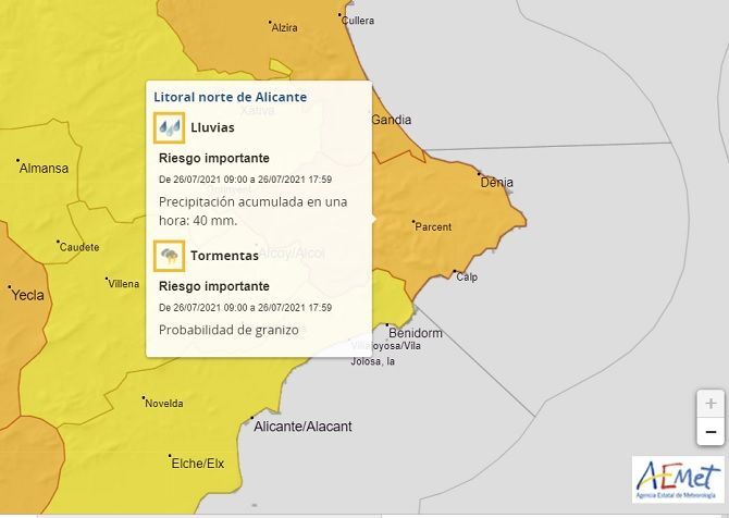 Aemet activa la alerta naranja por fuertes lluvias y posibilidad de granizo en la Marina Alta