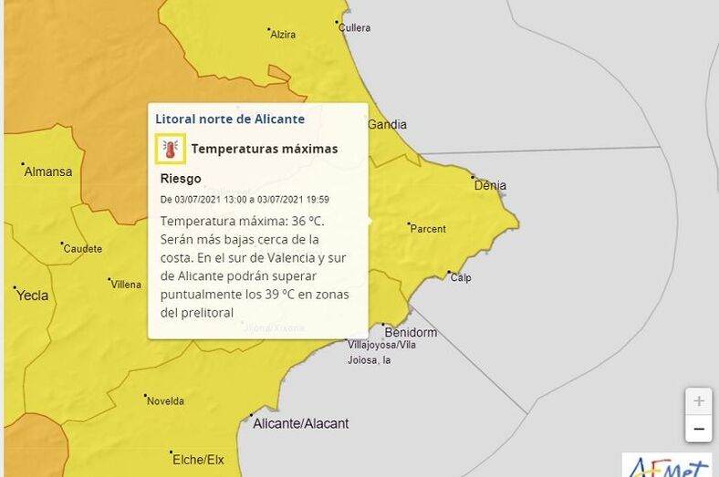 Aemet activa la alerta amarilla por altas temperaturas en la Marina Alta