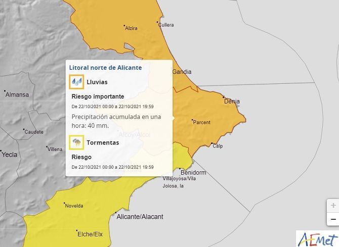 Aemet activa un aviso con la alerta narnaja por lluvias en la Marina Alta