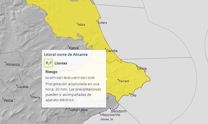 Aemet activa un aviso con alerta amarilla por lluvias en la Marina Alta