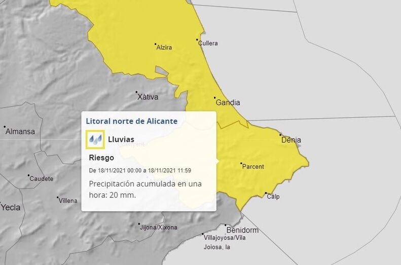 Aemet activa un aviso con alerta amarilla por lluvias en la Marina Alta