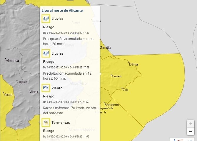 Aemet activa un aviso con la alerta amarilla por viento, lluvia, tormenta y temporal de mar en la Marina Alta