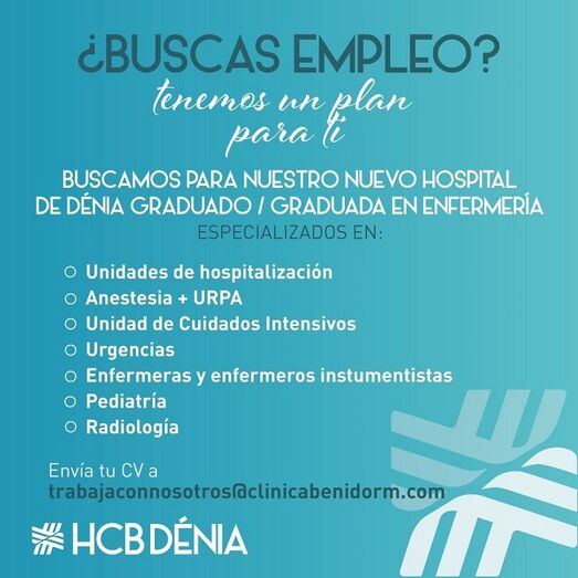 HCB busca graduados en Enfermería para su nuevo hospital en Dénia