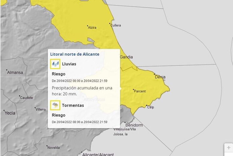 Aemet activa un aviso amarillo por fuertes lluvias y tormentas en la Marina Alta