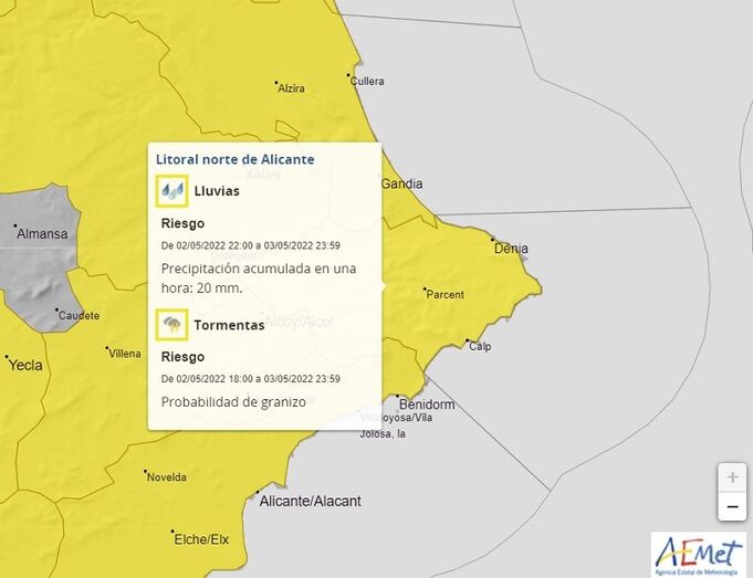 Aemet activa un aviso amarillo por fuertes lluvias y tormentas en la Marina Alta