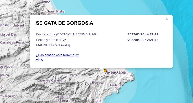 Gata de Gorgos registra un terremoto de 2,1 grados
