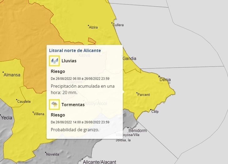 Aemet activa un aviso amarillo por lluvias y tormentas en la Marina Alta