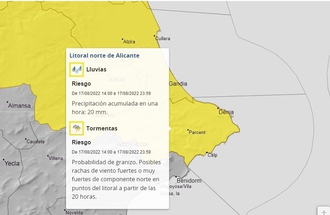 Aemet activa un aviso amarillo por lluvias y tormentas en la Marina Alta