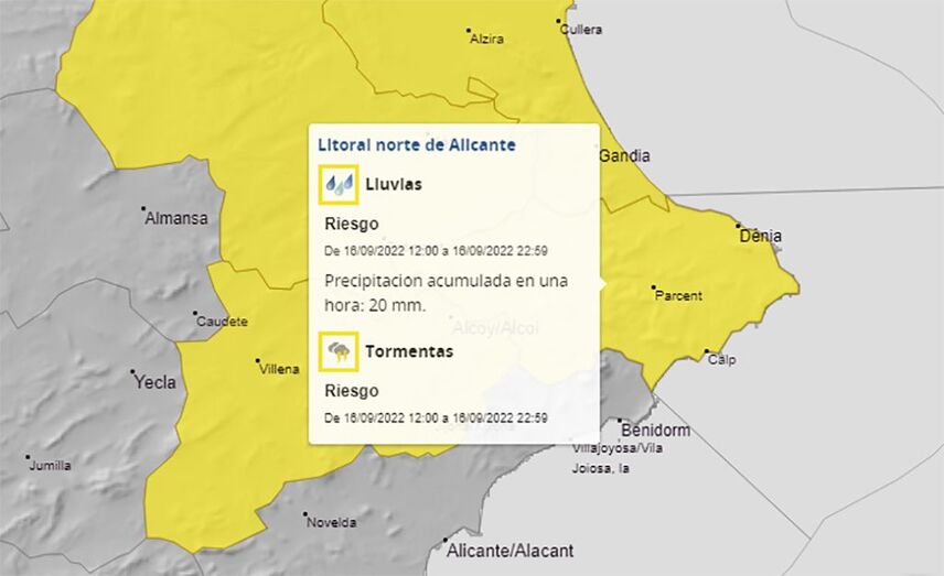 AEMET decreta el aviso amarillo por lluvias para este viernes
